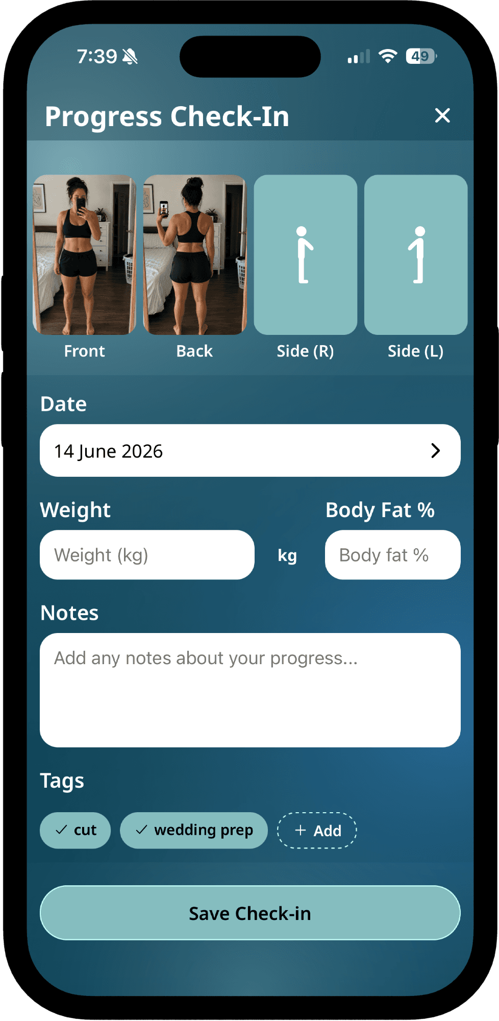 New check-in form with weight, body fat and notes