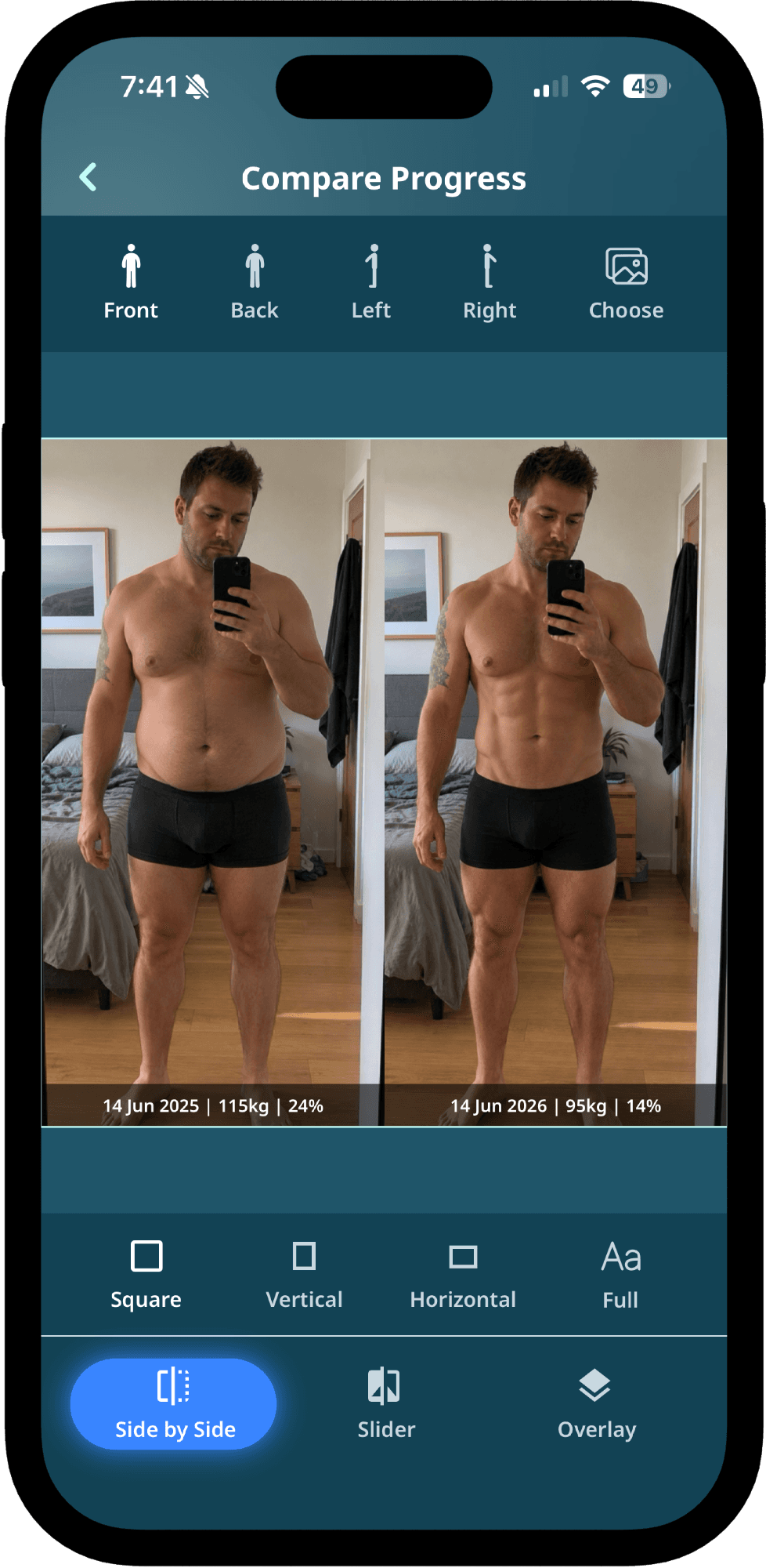 Progress Pics - Body Tracker compare mode showing two check-ins side by side